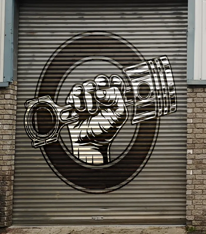 The workshop roller door, painted with a large fist gripping a piston and con-rod